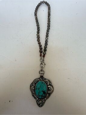 Large Turquoise & German Silver Necklace Hand Tied Beads Statement